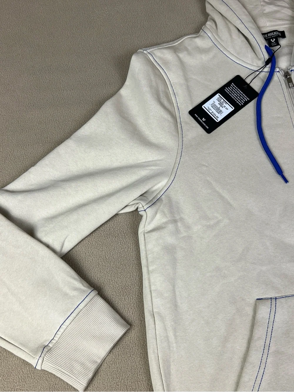 True Religion Contrast TR Full Zip Hoodie, Buddha Logo. Fog Beige. Sz Large